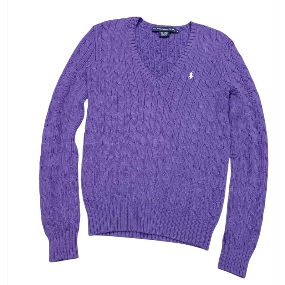 Y2k Vintage Ralph Lauren Purple V-Neck Long Sleeve Cable Knit Sweater Size M